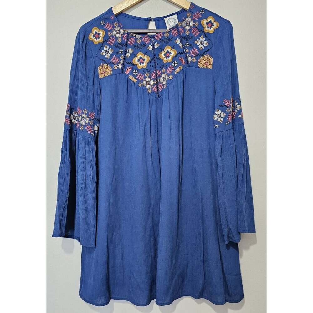 Blue Rain Tunic Top Size Small Embroidered Floral Long Bell Sleeve Dress Shirt